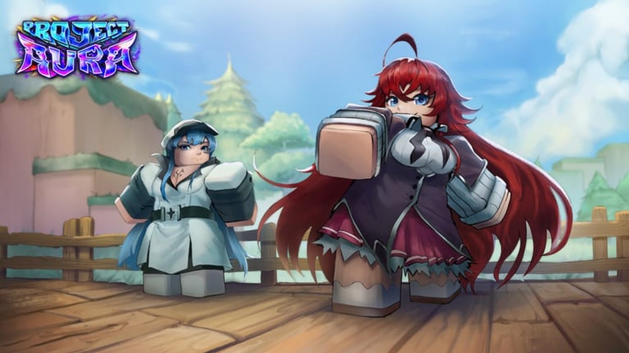 Two Project: Aura characters standing on a wooden village deck in daylight